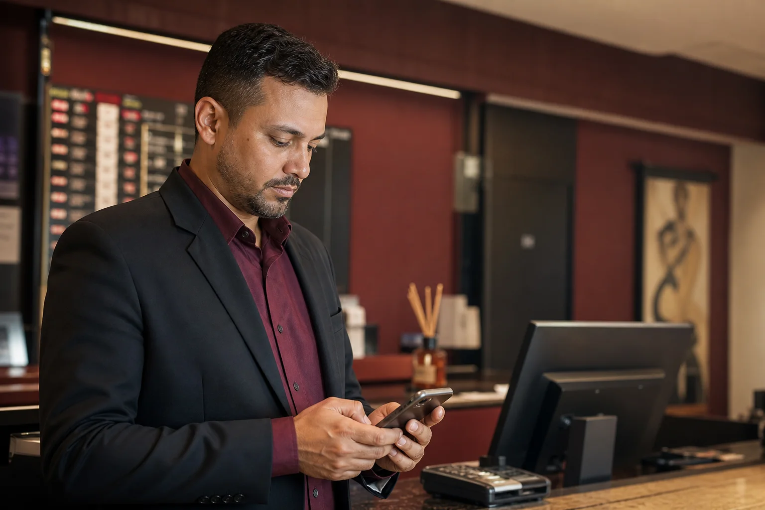 Gestor de motel acompanhando conversas pelo celular na recepção